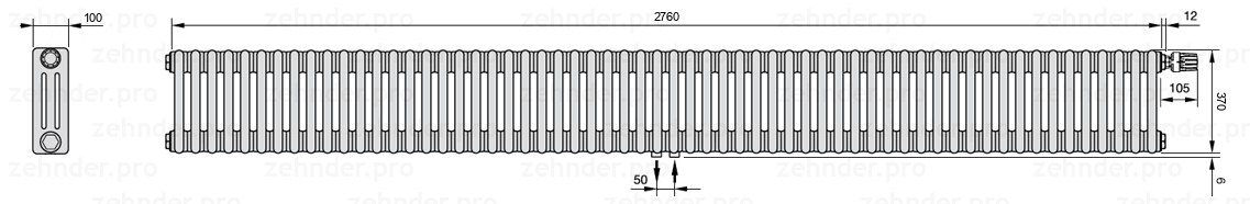 Схема (чертеж) Радиатор Zehnder Charleston 3037/60 №V008 Белый глянцевый RAL 9016